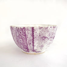 Load image into Gallery viewer, beautiful rare antique daisy-shaped bone china, tea cup, saucer, salad plate trio in complex purple floral &quot;Jungle Print&quot;. Open sugar bowl see photo. Produced by JF Wileman, the precursor to Foley and Shelley in England, circa 1889.  In good condition for age. All  pieces free from chips/crazing with some loss of the gold trim. Cup has small hairline near the handle. Bowl has been repaired. Backstamp present. Registration mark 117220  with 6170 in gold denoting the pattern name and cup has additional 115510
