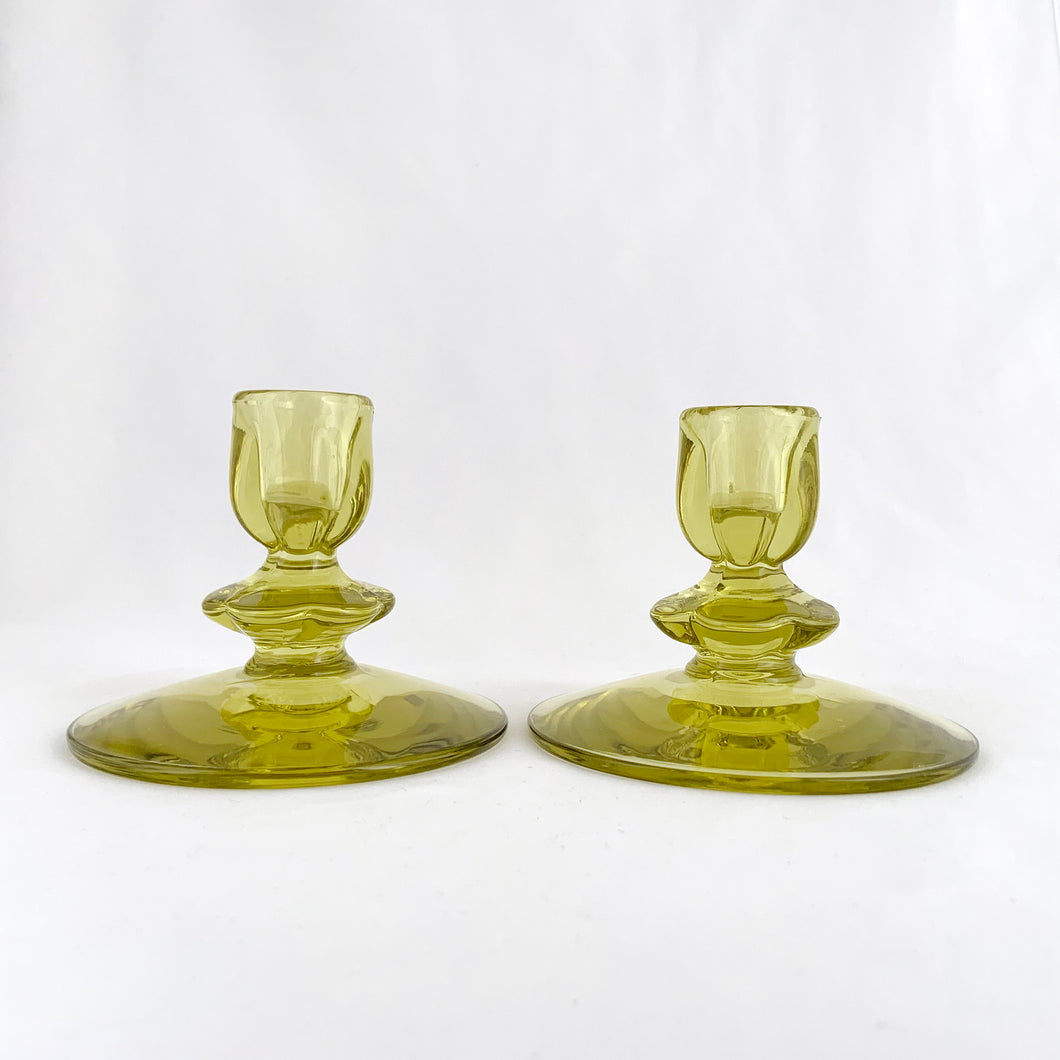 Vintage Pair Two Yellow Topaz Depression Glass Canterbury Candlesticks Duncan Miller Glass Company Tableware Glassware Home Decor Boho Bohemian Shabby Chic Cottage Farmhouse Victorian Mid-Century Modern Industrial Retro Flea Market Style Unique Sustainable Gift Antique Prop GTA Eds Mercantile Hamilton Freelton Toronto Canada shop store community seller reseller vendor Collector Collection Collectible Entertain Ambiance Candlelight Romantic