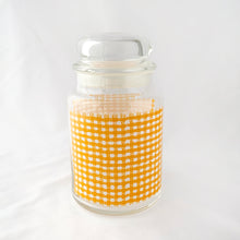 Load image into Gallery viewer, Vintage Gold Yellow Gingham Check Checkered Plaid Lidded Glass Jar with Bubble Top Retro Dry Food Storage Canister Kitchen Glassware Tableware Freelton Hamilton Antique Mall Toronto Canada Store Shop Community Seller Reseller Vendor
