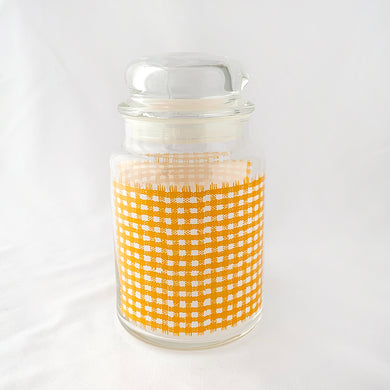 Vintage Gold Yellow Gingham Check Checkered Plaid Lidded Glass Jar with Bubble Top Retro Dry Food Storage Canister Kitchen Glassware Tableware Freelton Hamilton Antique Mall Toronto Canada Store Shop Community Seller Reseller Vendor