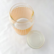 Load image into Gallery viewer, Vintage Gold Yellow Gingham Check Checkered Plaid Lidded Glass Jar with Bubble Top Retro Dry Food Storage Canister Kitchen Glassware Tableware Freelton Hamilton Antique Mall Toronto Canada Store Shop Community Seller Reseller Vendor
