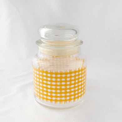 Vintage Gold Yellow Gingham Check Checkered Plaid Lidded Glass Jar with Bubble Top Retro Dry Food Storage Canister Kitchen Glassware Tableware Freelton Hamilton Antique Mall Toronto Canada Store Shop Community Seller Reseller Vendor