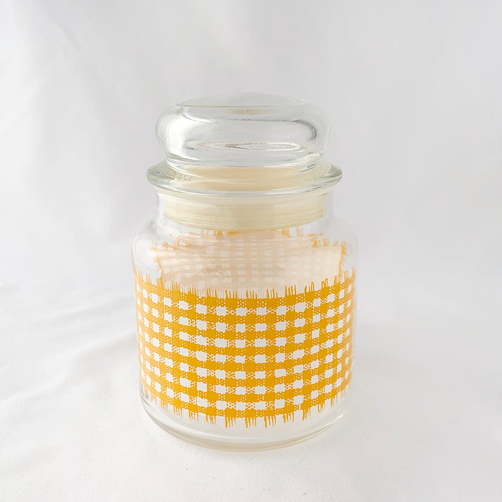 Vintage Gold Yellow Gingham Check Checkered Plaid Lidded Glass Jar with Bubble Top Retro Dry Food Storage Canister Kitchen Glassware Tableware Freelton Hamilton Antique Mall Toronto Canada Store Shop Community Seller Reseller Vendor
