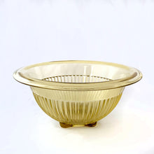 Load image into Gallery viewer, Vintage &quot;Golden Glow&quot; (amber yellow) depression glass nesting mixing bowl with ribbed sides and a rolled edge. Made by the Federal Glass Company in the USA, circa 1930. Perfect for mixing, serving and storing your culinary creations!  In excellent condition, no chips or cracks.  Measures 9 inches

