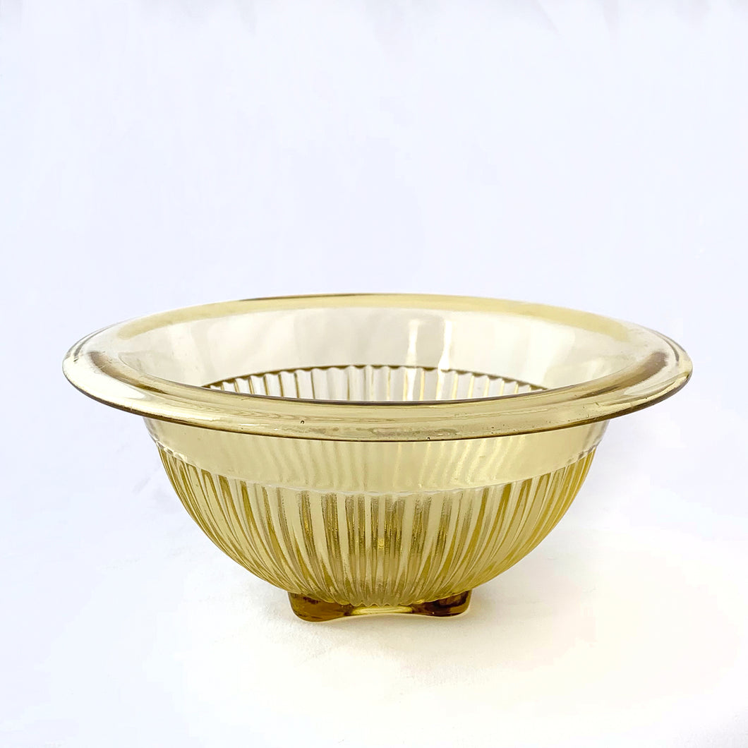 Depression Glass Bowl Set/2, Rolled Edge Ribbed Yellow Glass
