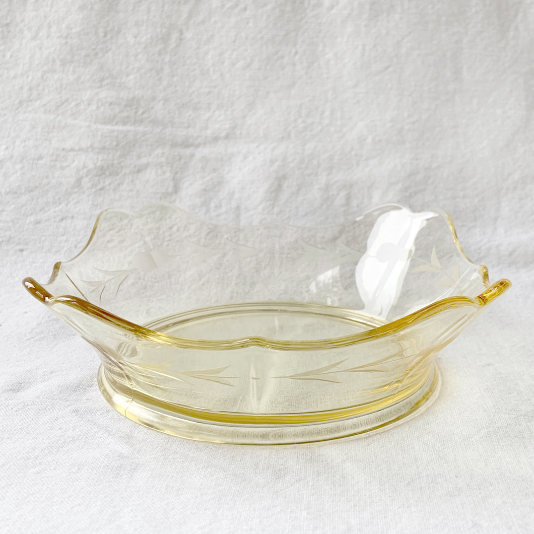 Lovely vintage yellow depression glass square bowl featuring cut florals and a flared scalloped edge. Crafted by Lancaster Glass, USA, circa 1930. Makes a lovely candy or trinket dish! In excellent condition, free from chips. Measures 6 1/4 x 6 1/4 x 2 inches