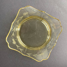 Load image into Gallery viewer, Lovely vintage yellow depression glass square bowl featuring cut florals and a flared scalloped edge. Crafted by Lancaster Glass, USA, circa 1930. Makes a lovely candy or trinket dish! In excellent condition, free from chips. Measures 6 1/4 x 6 1/4 x 2 inches
