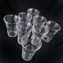 Load image into Gallery viewer, Lovely antique &quot;621 Clear&quot; flat tumblers with ribbed sides and embossed crisscross bands on a classic flared shape. Crafted by Anchor Hocking, USA, circa 1920s. Perfect for adding vintage charm to your drinkware.  In excellent condition, free from chips.  Measures 2 5/8 x 3 3/4 inches

