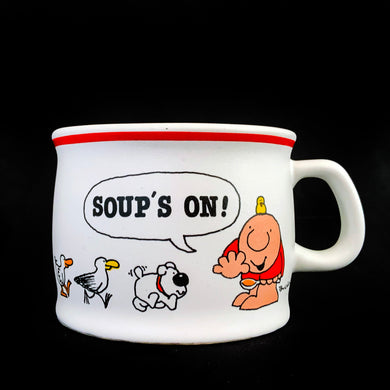 Vintage Designers Collection Ziggy comic stoneware mug. This heavy stoneware mug is white with a red stripe around the rim along with Ziggy and his colourful group of furry friends with the phrase 