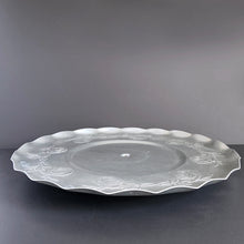 Load image into Gallery viewer, Serve your guests well with this awesome vintage Lazy Susan serving tray with rose details and a ruffled edge! The large, light weight, aluminium tray rotates freely for ease of serving guests. Perfect for any occasion!  In great vintage condition with normal wear.  Measures 17 1/2 x 1 3/4 inches
