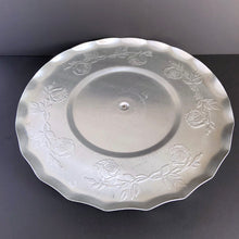 Load image into Gallery viewer, Serve your guests well with this awesome vintage Lazy Susan serving tray with rose details and a ruffled edge! The large, light weight, aluminium tray rotates freely for ease of serving guests. Perfect for any occasion!  In great vintage condition with normal wear.  Measures 17 1/2 x 1 3/4 inches
