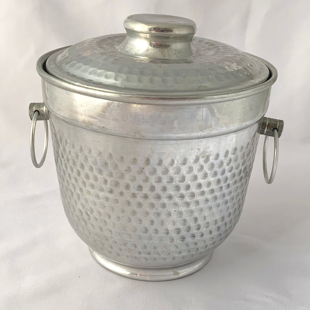 Vintage Hammered Aluminum Lidded Handled Ice Bucket, Italy Silver