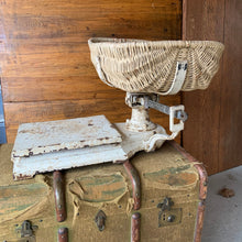 Load image into Gallery viewer, This is a fabulous vintage platform scale. The paint is chippy perfection and the wicker basket is in amazing shape considering its age. This may have been used in a grocers, or even used as a baby scale. Would look amazing in any shabby chic or farmhouse decor. We used to use it at the cottage as a fruit basket and bread stand. Great display piece!  In as found vintage condition.  Measures 25&quot; x 47&quot; 
