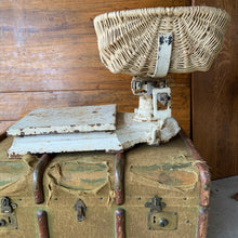 Load image into Gallery viewer, This is a fabulous vintage platform scale. The paint is chippy perfection and the wicker basket is in amazing shape considering its age. This may have been used in a grocers, or even used as a baby scale. Would look amazing in any shabby chic or farmhouse decor. We used to use it at the cottage as a fruit basket and bread stand. Great display piece!  In as found vintage condition.  Measures 25&quot; x 47&quot; 
