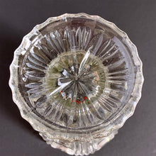 Load image into Gallery viewer, A bold art deco  clear pressed glass footed flower vase with a geometric basketweave pattern and square toothed rim. This vase can handle a good size bouquet and the conical shape will make for a lovely floral arrangement. We&#39;re attributing this piece to the Ohio-Flint Glass Company, USA, circa 1930s.  In excellent vintage condition, free from chips or cracks.  Measures 5 x 8 inches
