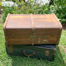 Load image into Gallery viewer, Antique Vintage Victorian Era Bentwood Steamer Trunk Canvas Overlay and Brass Locks Hardware Prop Hogwarts England Scotland Train Travel Vintage Toronto Canada repurpose project
