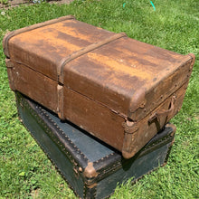 Load image into Gallery viewer, Antique Vintage Victorian Era Bentwood Steamer Trunk Canvas Overlay and Brass Locks Hardware Prop Hogwarts England Scotland Train Travel Vintage Toronto Canada repurpose project
