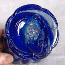 Load image into Gallery viewer, This gorgeous vintage cased glass vase encapsulates blue and white glass in a clear overcoat. The swirl pattern is beautiful, the colours are rich and the trumpet shape reveals a scalloped flower edge. A unique, one-of-a-kind piece.  In excellent condition, no chips or cracks.  Measures 4 x 5 1/2 inches
