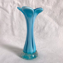 Load image into Gallery viewer, A beautiful hand blown trumpet-shaped art glass vase in light blue encase in clear glass with applied clear base with pressed starburst. A lovely flower trumpet vase for a lovely floral bouquet.  In excellent condition, no chips or cracks.  Measures 3 3/4 x 7 3/4 inches
