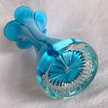 Load image into Gallery viewer, A beautiful hand blown trumpet-shaped art glass vase in light blue encase in clear glass with applied clear base with pressed starburst. A lovely flower trumpet vase for a lovely floral bouquet.  In excellent condition, no chips or cracks.  Measures 3 3/4 x 7 3/4 inches
