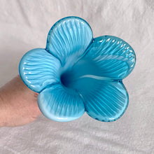 Load image into Gallery viewer, A beautiful hand blown trumpet-shaped art glass vase in light blue encase in clear glass with applied clear base with pressed starburst. A lovely flower trumpet vase for a lovely floral bouquet.  In excellent condition, no chips or cracks.  Measures 3 3/4 x 7 3/4 inches
