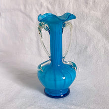 Load image into Gallery viewer, Vintage Hand Blown Venetian Peacock Blue Cased White Art Glass Vase, w/ Applied Clear Handles, Murano Italy
