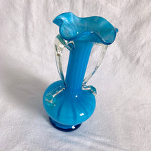 Load image into Gallery viewer, Vintage Hand Blown Venetian Peacock Blue Cased White Art Glass Vase, w/ Applied Clear Handles, Murano Italy
