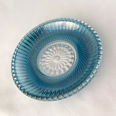 Vintage Style Trinket Dish with Blue Lustre Flash Glass Carnival trinket condiment dish intricate pattern diamonds pins central starburst flower tableware glassware housewares Unique hostess housewarming Wedding Shower gift Freelton Hamilton Antique Mall Toronto Canada shop store community seller reseller vendor GTA 