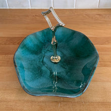 Load image into Gallery viewer, Vintage green drip glaze handled tray. Crafted by Blue Mountain Pottery, circa 1970s. Perfect for serving chocolates, candies or appetizers! Excellent condition, no chips or cracks. Measures 9 x 7 1/2 x 6 inches
