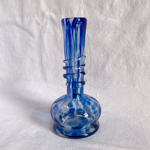 Load image into Gallery viewer, An outstanding hand blown vintage Murano art glass vase in blue, white and clear glass with a spiral detail around the throat of the vessel. Polished pontil. Made in Italy.  In excellent condition, no chips or cracks.  Measures 4 x 8 1/4 inches
