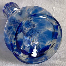 Load image into Gallery viewer, An outstanding hand blown vintage Murano art glass vase in blue, white and clear glass with a spiral detail around the throat of the vessel. Polished pontil. Made in Italy.  In excellent condition, no chips or cracks.  Measures 4 x 8 1/4 inches
