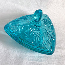 Load image into Gallery viewer, Vintage Capri Pressed Glass 6045 Turquoise Lidded Candy Box Pinwheel Pattern Hazel Atlas Glass Co. Collectible Glassware Trinket Dresser Vanity Dish Bowl Lidded Covered Home Decor Boho Bohemian Shabby Chic Cottage Farmhouse Mid-Century Modern Industrial Retro Flea Market Style Unique Sustainable Gift Antique Prop GTA Hamilton Toronto Canada shop store community seller reseller vendor
