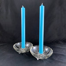 Load image into Gallery viewer, Elevate your tablescape with the fun, effervescent design of these vintage art deco clear pressed glass &quot;Burple-Inspiration-Clear&quot; candle holders, featuring a starburst accented with graduated bubbles. Crafted by Anchor Hocking, USA, circa 1930s.  Perfect for adding ambience to your gathering!  In excellent vintage condition, no chips or cracks.  Measures 4 1/2 x 1 1/2 inches 
