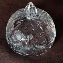 Load image into Gallery viewer, A gorgeous clear pressed glass &quot;Inverted Thistle&quot; butter dome. Produced by Mosser Glass, Ohio.  In excellent condition, free from chips/cracks. Finial is slightly worn.  Measures 5-1/2&quot; x 4-3/4&quot;
