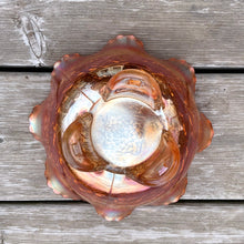 Load image into Gallery viewer, Vintage 1920s Fenton Marigold Carnival Glass Bowl Two Flowers Dogwood Marsh Lily Ruffled Edge Spatulate Foot Home Decor Orange Iridescent Shabby Chic Cottage Flea Market Style Unique Sustainable Gift Antique Prop GTA Hamilton Toronto Canada shop store community seller reseller vendor
