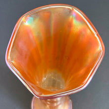 Load image into Gallery viewer, Vintage Imperial Smooth Panels Dark Orange Marigold Carnival Glass Iridescent Opalescent Trumpet Swung Vase Home Decor Boho Bohemian Shabby Chic Cottage Farmhouse Mid-Century Modern Industrial Retro Flea Market Style Unique Sustainable Gift Antique Prop GTA Hamilton Toronto Canada shop store community seller reseller vendor
