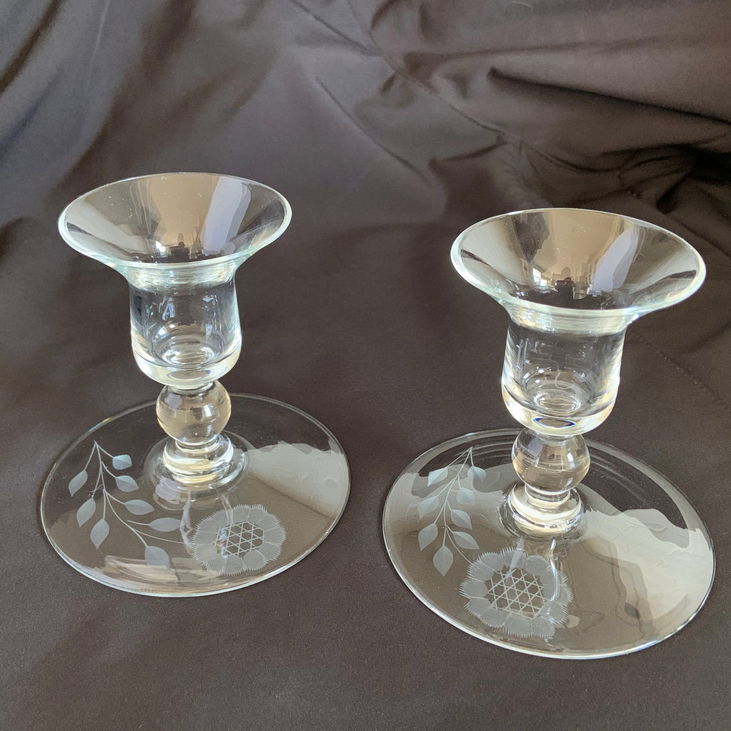 Vintage WJ Hughes Glass Candleholders Etched with Corn Flower Pattern candlesticks candle romantic romance light ambiance entertaining housewares gift tableware glassware dinner party special occasion Toronto Canada