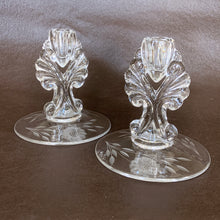 Load image into Gallery viewer, Vintage Pair New Martinsville Glass Co. &#39;Janice&#39; Candlesticks Etched WJ Hughes 12 petaled petalled Corn Flower Pattern leaf sprays elegant glassware tableware entertaining romantic candlelight ambiance special occasion dinner party dining Toronto Canada
