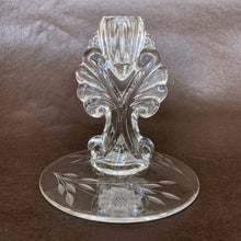 Load image into Gallery viewer, Vintage Pair New Martinsville Glass Co. &#39;Janice&#39; Candlesticks Etched WJ Hughes 12 petaled petalled Corn Flower Pattern leaf sprays elegant glassware tableware entertaining romantic candlelight ambiance special occasion dinner party dining Toronto Canada
