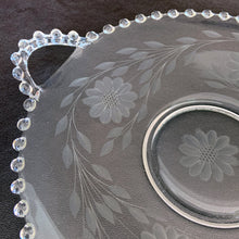 Load image into Gallery viewer, Vintage Imperial Candlewick Open Handled Serving Plate WJ Hughes Corn Flower Cornflower 12 twelve petal petalled leaf sprays entertaining dining dinner party special occasion elegant glassware Home Decor Boho Bohemian Shabby Chic Cottage Farmhouse Mid-Century Modern Industrial Retro Flea Market Style Unique Sustainable Gift Antique Prop GTA Hamilton Toronto Canada shop store community seller reseller vendor Canadian
