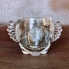 Load image into Gallery viewer, Elegant vintage glass creamer and sugar set cut Gazebo shape, featuring two sets of 8-petalled flowers and leaf sprays, with hand blown glass handles that look like wings, plus a beaded edge and cute little bun feet. Crafted by on Paden City Glass Company, USA, circa 1940s. A unique set to grace your table!  In excellent condition, no chips or cracks.  Shape #555  Measures 3 inches 
