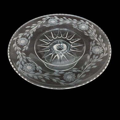 Classic vintage WJ Hughes cut Corn Flower clear glass cake stand featuring twelve-petalled flowers and leaf sprays with beaded rim. Viking Glass blank, 1950s. This elegant stand is perfect for serving your favourite cakes and desserts. An elegant addition to a dessert buffet and makes a wonderful gift for any occasion.

In excellent condition, no chips.

Measures 11 x 2 1/2 inches