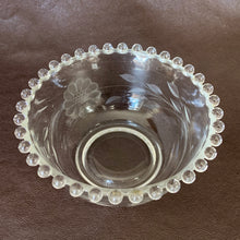 Load image into Gallery viewer, Antique Vintage Imperial Glass Co. Blank Candlewick Mayonnaise Bowl Etched WJ Hughes 12 twelve petal petalled Corn Flower leaf sprays pattern elegant dining glassware entertaining Home Decor Boho Bohemian Shabby Chic Cottage Farmhouse Mid-Century Modern Industrial Retro Flea Market Style Unique Sustainable Gift Antique Prop GTA Hamilton Toronto Canada shop store community seller reseller vendor
