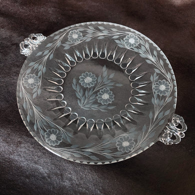 Vintage Viking Glass Co. Cut Crystal Plate Etched J.W. Hughes in Corn Flower Pattern 12 petal petalled leaf sprays cake serving platter dessert breakfast lunch luncheon brunch dinner party entertaining special occasion Toronto Canada gift