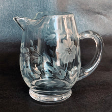 Load image into Gallery viewer, Vintage WJ Hughes Corn Flower Crystal Mini Pitcher leaf sprays jug handles hand blown glass crystal  12 petals petalled elegant breakfast brunch lunch dinner beverage water mini party gift wedding shower housewarming collector collectible entertaining glassware tableware housewares special occasion Toronto Canada beaded edge spout
