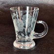 Load image into Gallery viewer, Vintage WJ Hughes cut &quot;Corn Flower&quot; pattern shot glass with two sets of twelve-petal and leaf sprays and applied blown glass open handle. The glass blank was produced by the West Virginia Glass Specialties. This locally cut shot glass is an important part of Toronto&#39;s rich history of fine mid-20th century craftsmanship.  In excellent condition, free from chips or cracks.  Measures 3-1/2&quot;
