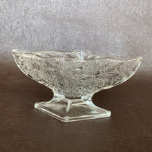 Load image into Gallery viewer, Diamond-shaped footed pedestal compote dish is embellished with pressed glass floral details, a diamond starburst on the bottom of the bowl and a lovely scalloped edge. Crafted by Indiana Glass, 1940s.&nbsp;A sweet piece that will look great in any space.  In excellent condition, free from chips&nbsp;and cracks.  Measures 6 1/2 x 4 1/2 x 3 inches
