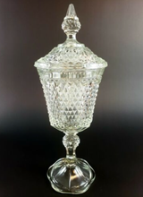 Load image into Gallery viewer, Vintage Clear Diamond Point Glass Lidded Lid Apothecary Jar Covered Urn by Indiana Glass Co. Luminous Sparkly Candy Nuts Catchall Vanity Dresser Cotton Balls Bath Bomb Glassware Tableware Home Decor Shabby Chic Flea Market Style Housewares Serving Elegant Bowl Trinket Flower Floral Bouquet Bath Salts Apothecary Jar Freelton Hamilton Antique Mall Community Shop Store Toronto Canada Seller Reseller Christmas Chanukah Hanukkah Holiday Shopping Ideas Small Local Business Woman Owned Women
