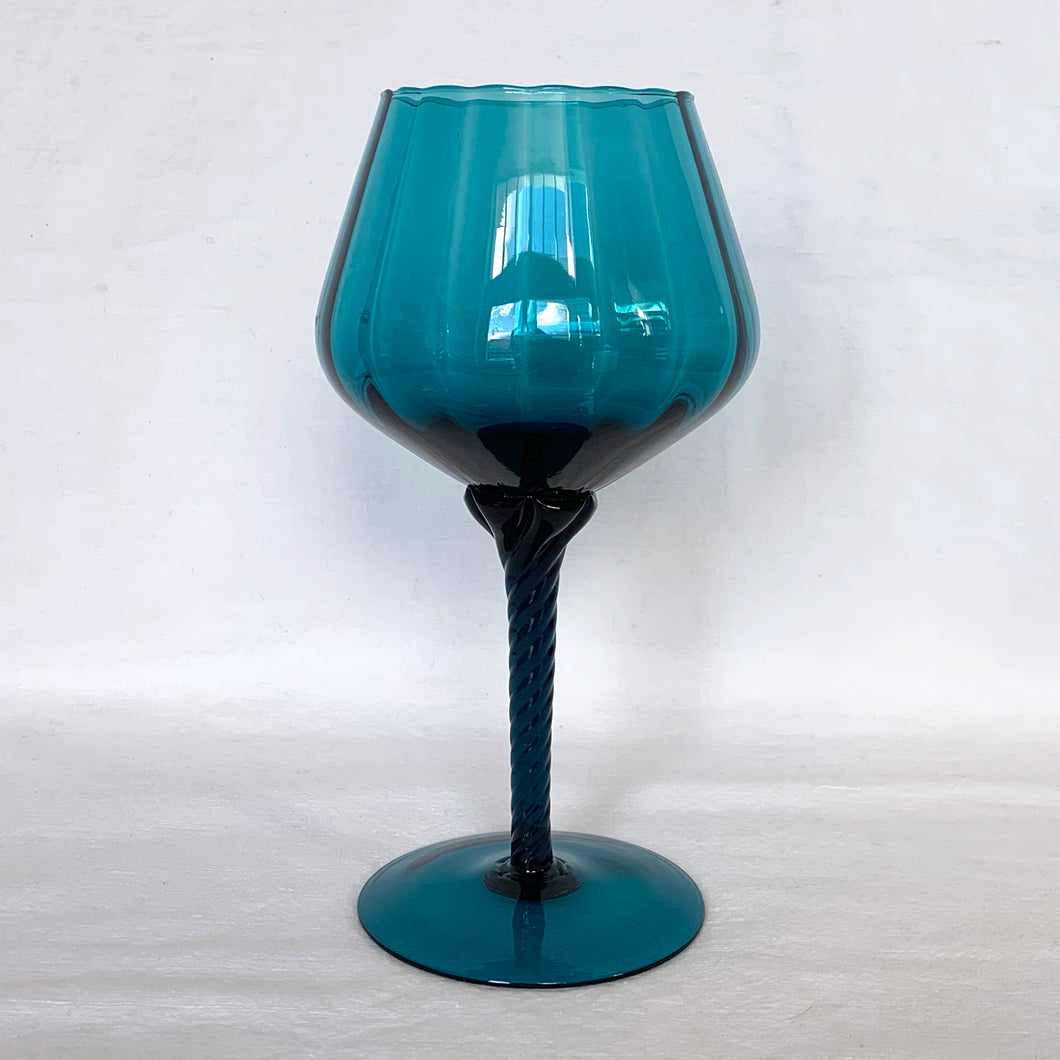 Empoli Teal Blue Mid Century Modern Art Glass Goblet with Twisted Stem, Made in Italy