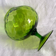 Load image into Gallery viewer, This spectacular piece of optic art glass produced in the Empoli region of Italy, features a fabulous quilted pattern in a striking green with matching hand blown stem. This superb mid-century piece of art glass would make a unique addition to your decor collection. Dates between 1950 to 1970.  In excellent vintage condition, no chips or cracks.  Measures 8 x 9 1/2 inches
